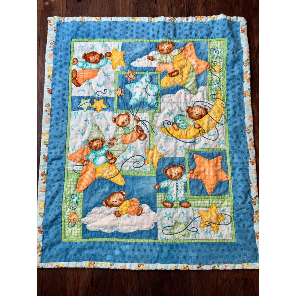 VTG Blue‎ Teddy Bear Stars Moon Flannel Baby Blanket Reversible Celestial 34x41